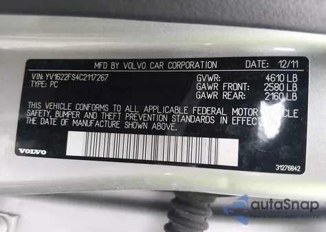 2012 Volvo S60 T5 from USA, damaged, VIN YV1622FS4C2117267